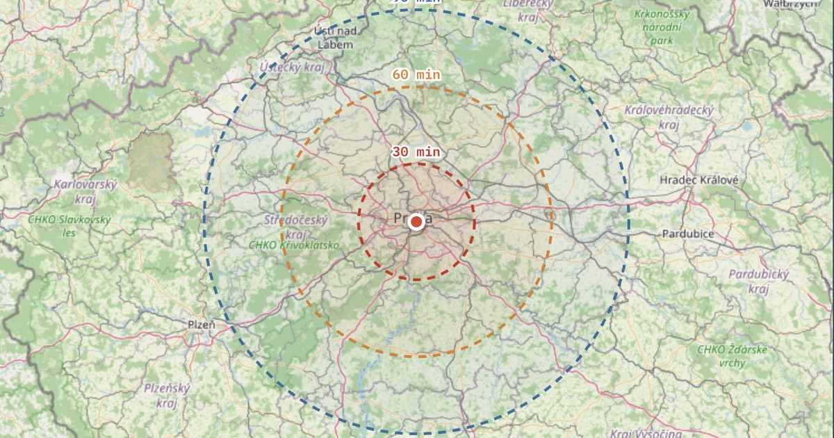 Mapa dojezdu z Prahy s vyznačenými pásmy 30, 60 a 90 minut jízdy autem